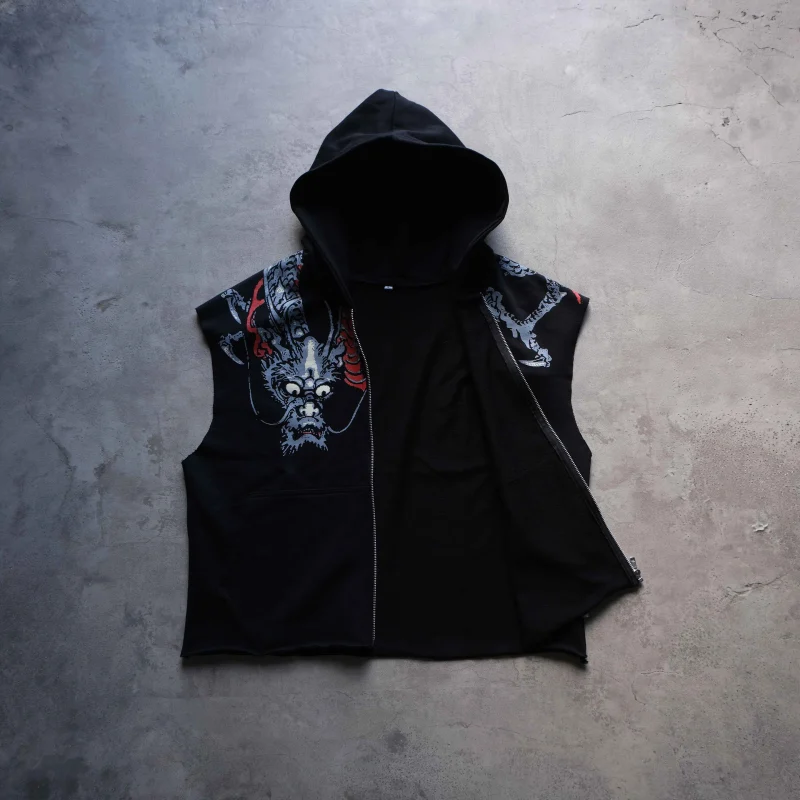 Dragon Hooded Sleeveless Zip-up Vest by Bushido Nepal, front view