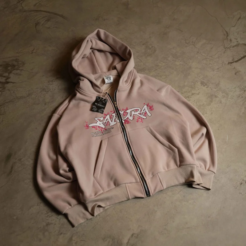 Sakura Zip-up Hoodie -beige by Bushido Nepal, front view