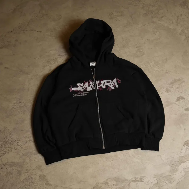 Sakura Zip-up Hoodie-Black by Bushido Nepal, front view